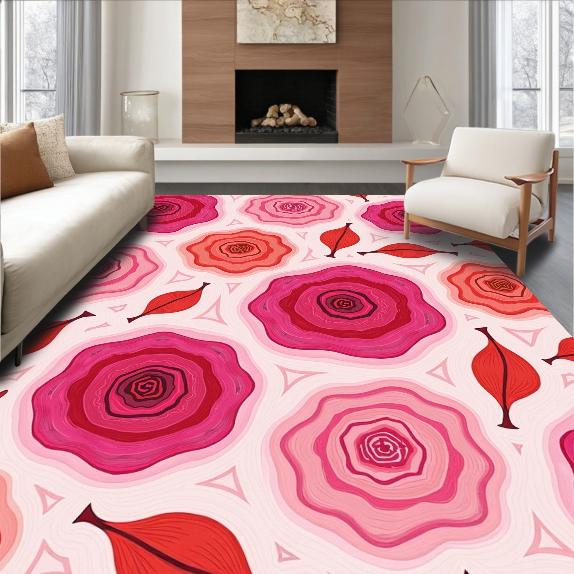 Crimson Pink Rose Floral Composition Rug