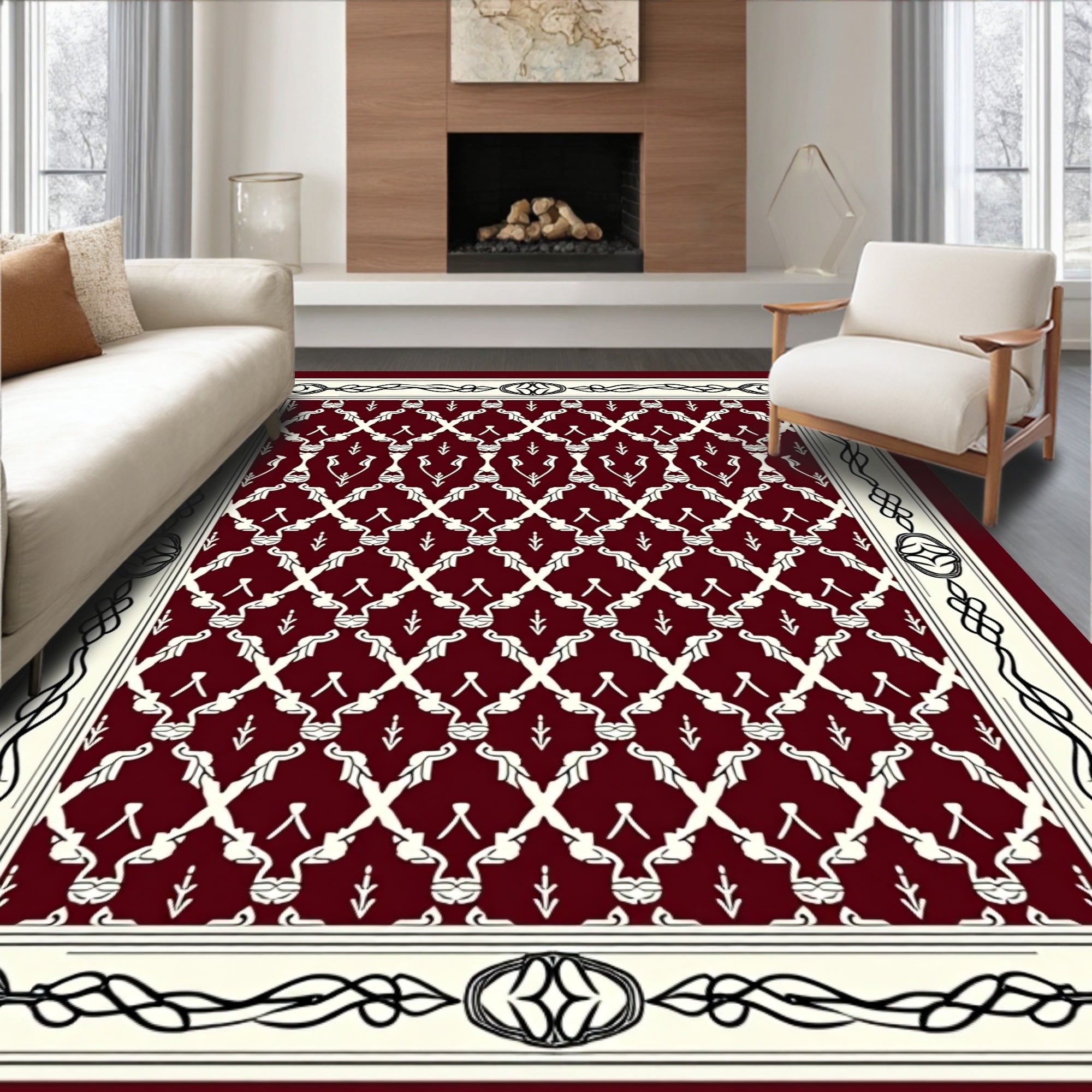 Crimson Cream Interlocking Diamond Frame Rug