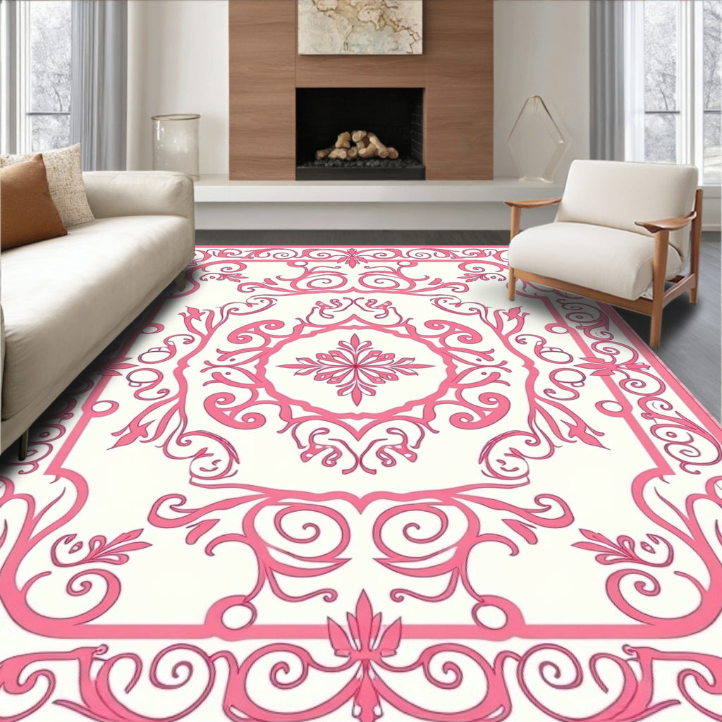Elegant Pink Floral Vine Border Rug