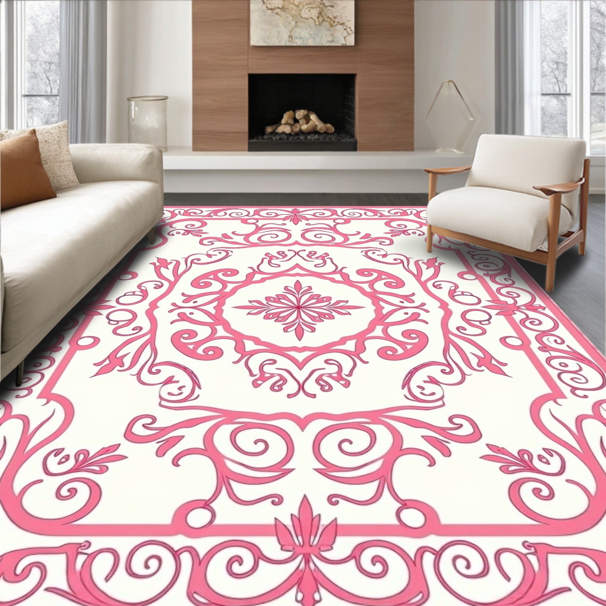 Elegant Pink Floral Vine Border Rug