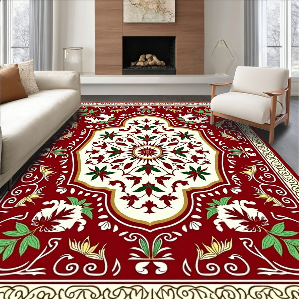 Crimson Green Floral Medallion Border Rug