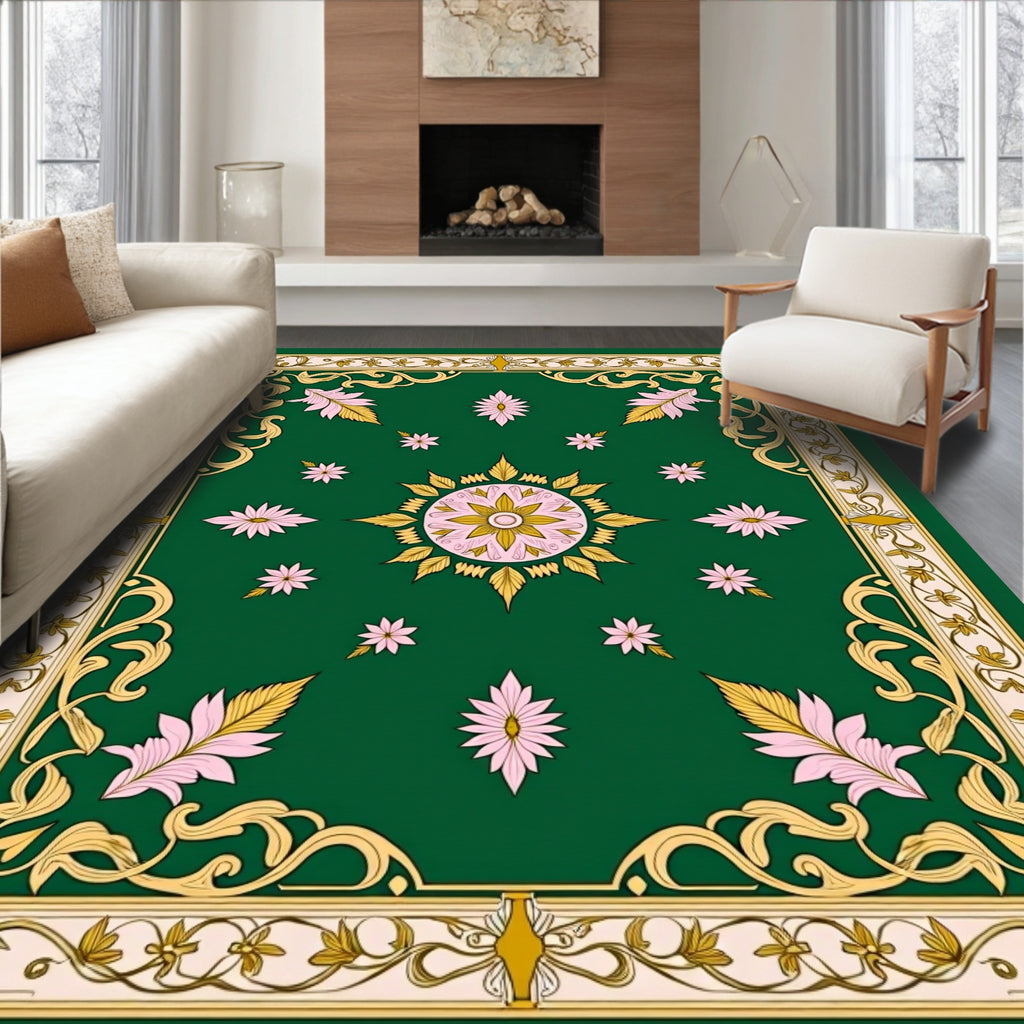 Ornate Green Pink Gold Medallion Floral Rug