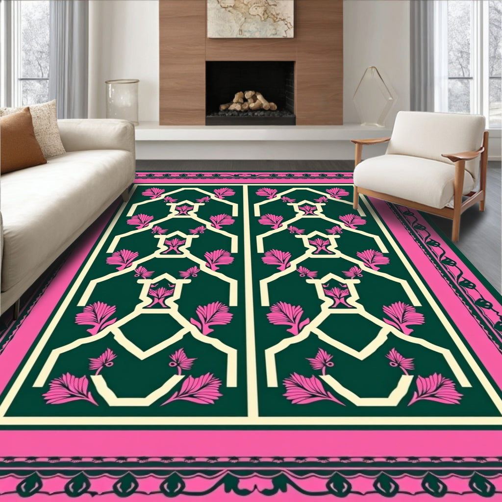 Emerald Pink Geometric Floral Lattice Rug