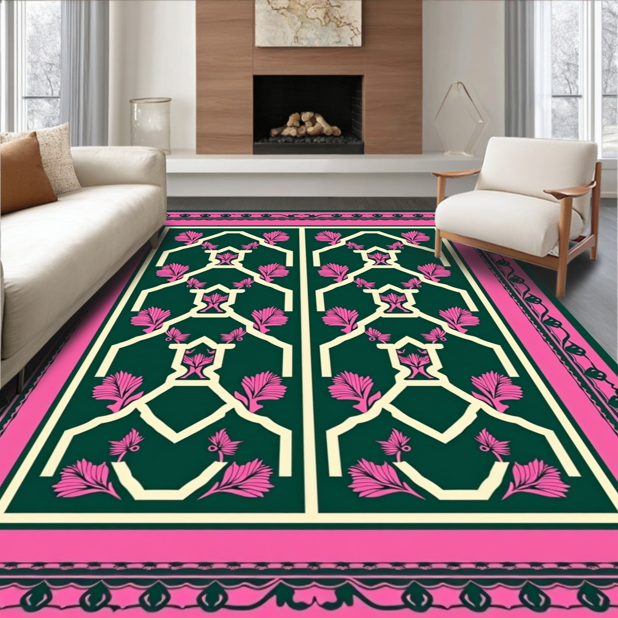 Emerald Pink Geometric Floral Lattice Rug