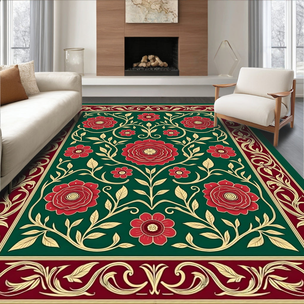Emerald Green Floral Botanical Border Rug
