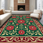 Emerald Green Floral Botanical Border Rug