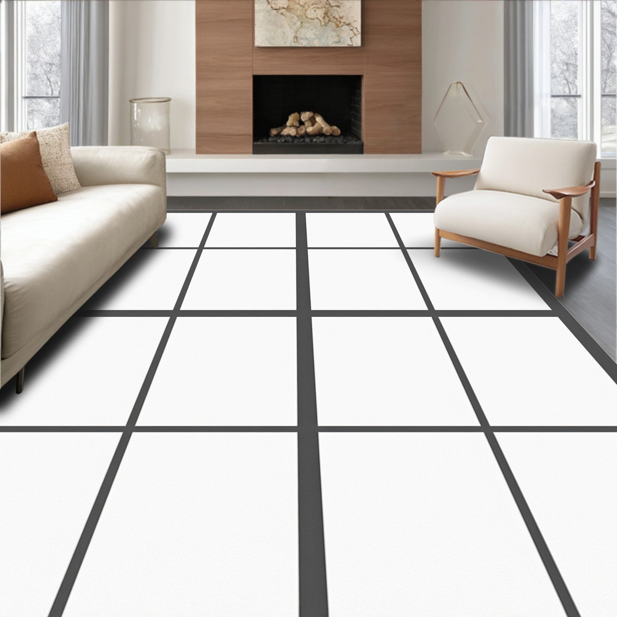 Dark Gray Grid Window Pane Rug