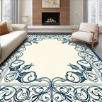 Navy Ivory Floral Scroll Border Rug