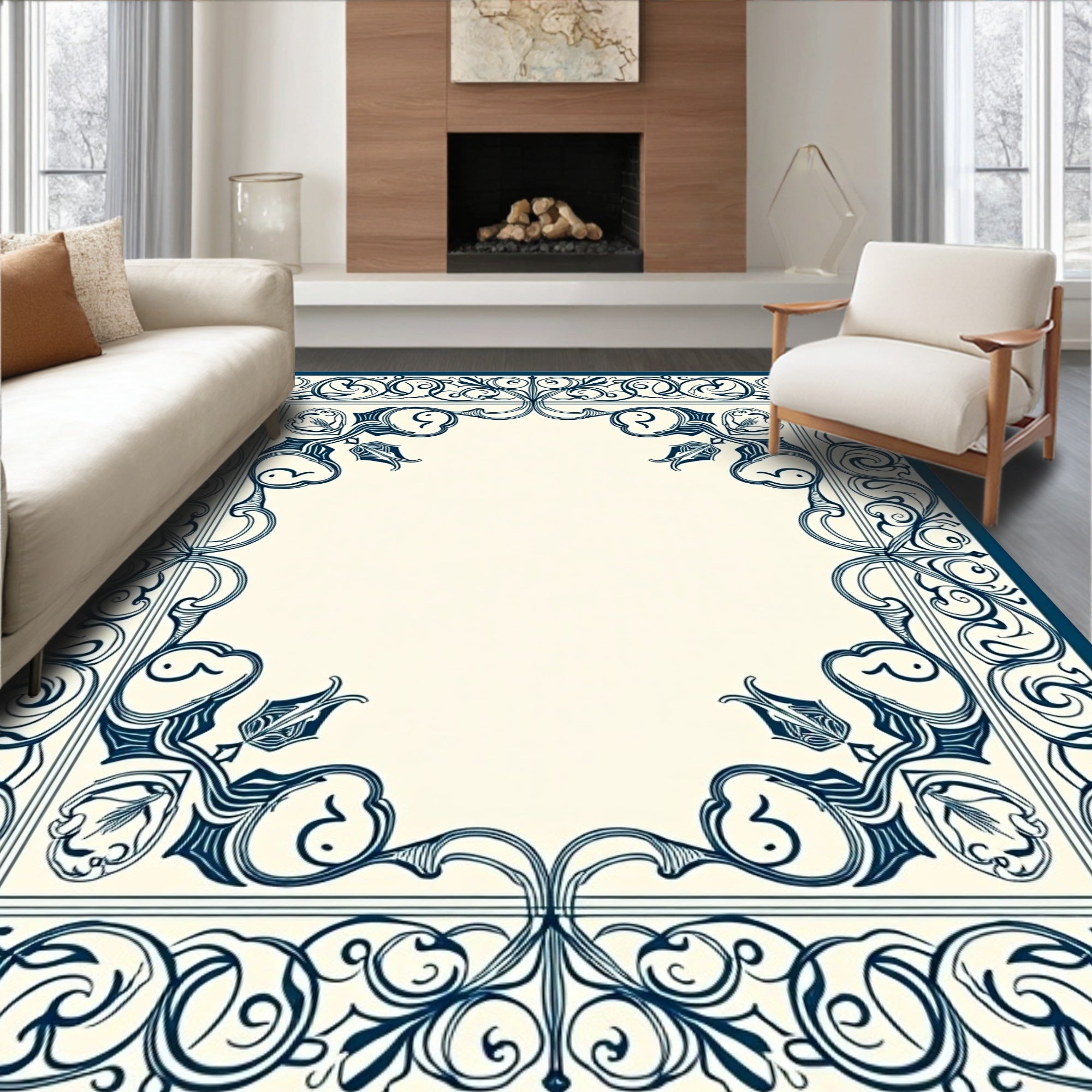 Navy Ivory Floral Scroll Border Rug