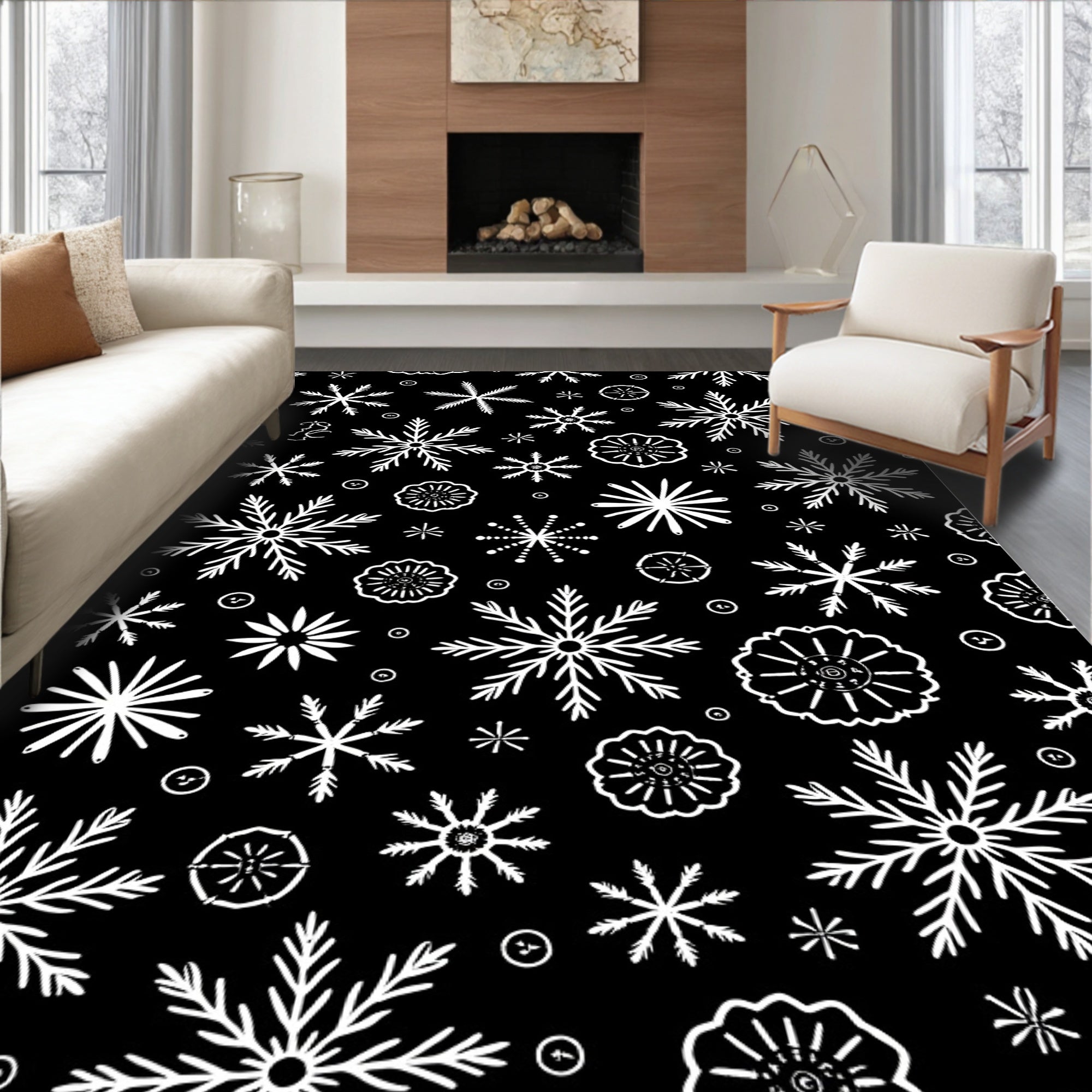 White Snowflake Black Background Repeating Pattern Rug