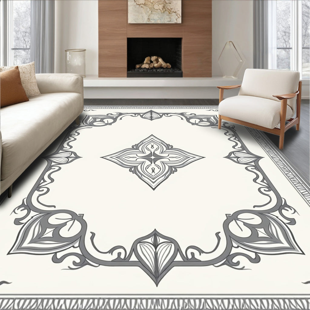 Ornate Gray Floral Scroll Frame Rug