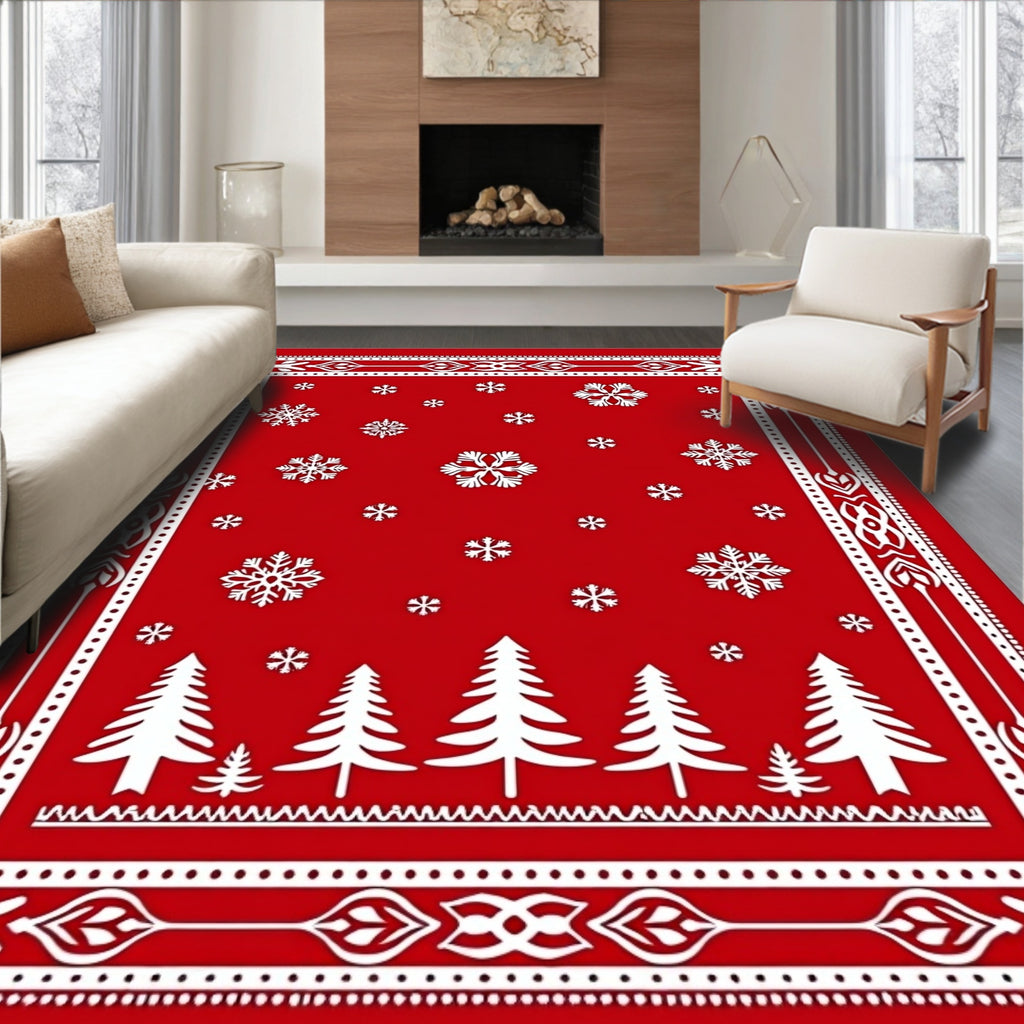 Classic Red Snowflake Forest Border Rug