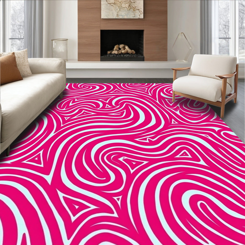 Vibrant Pink White Swirls Triangles Rug