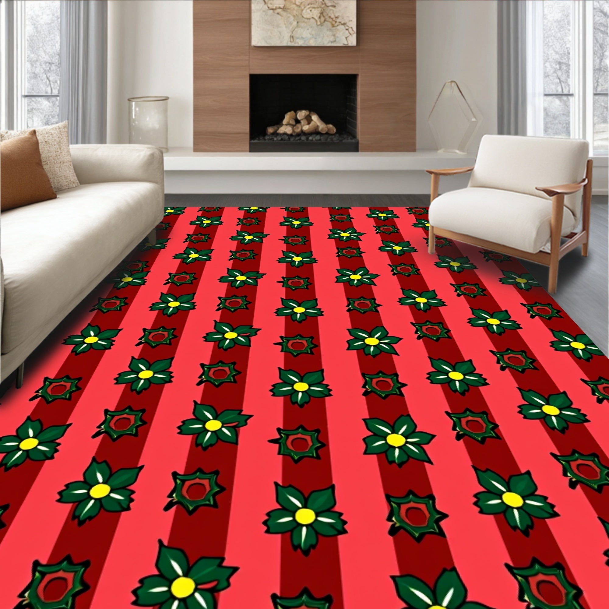 Red Striped Floral Arrangement Rug
