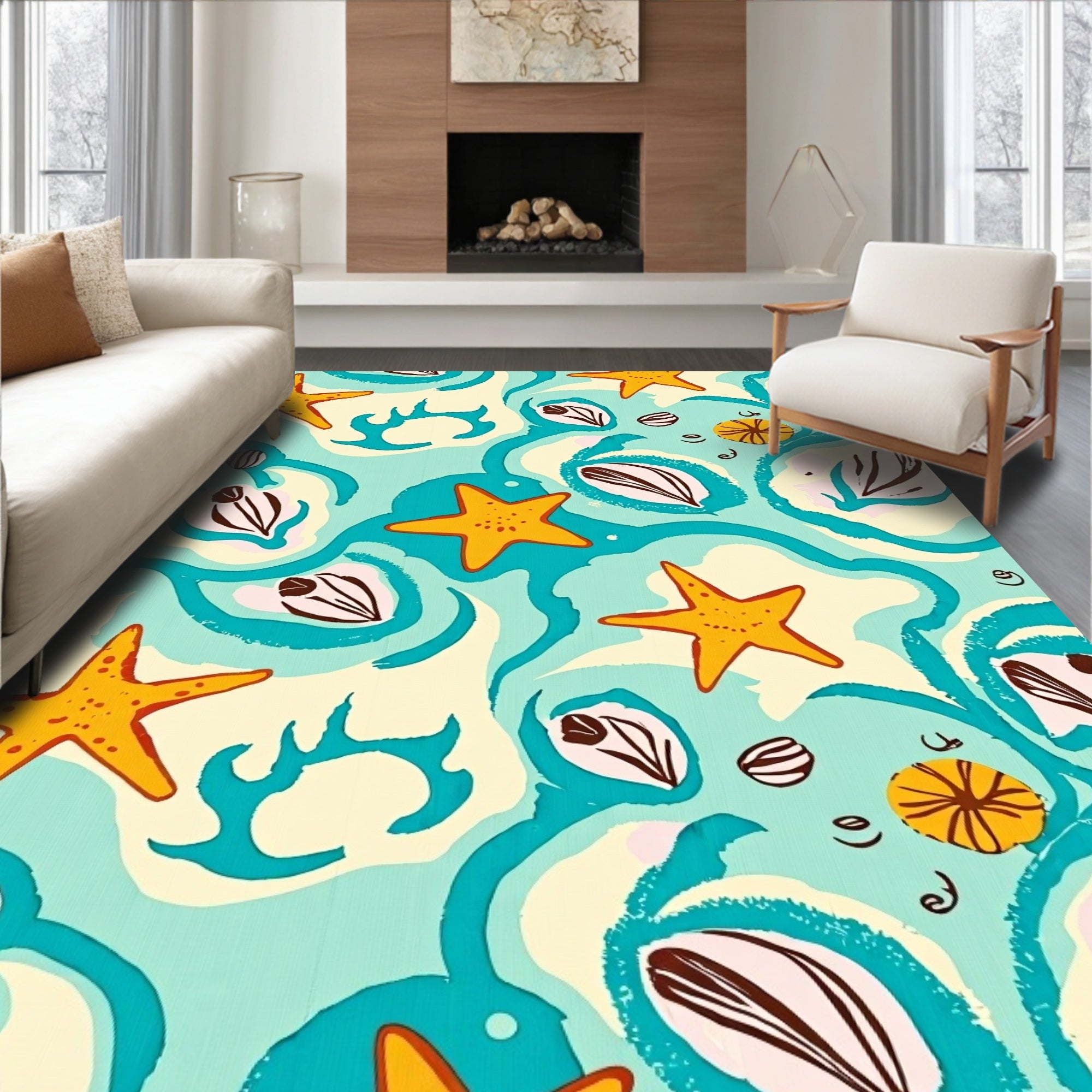 Oceanic Starfish Shells Aqua Harmony Rug