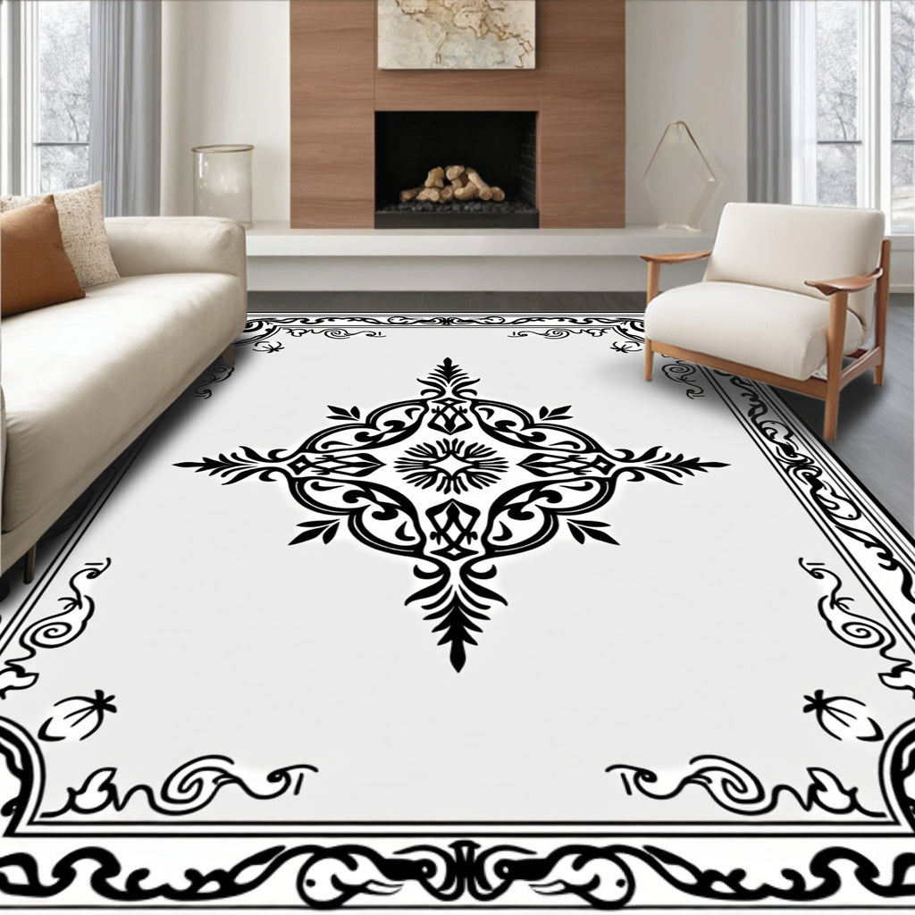 Black Ornate Floral Medallion Border Rug