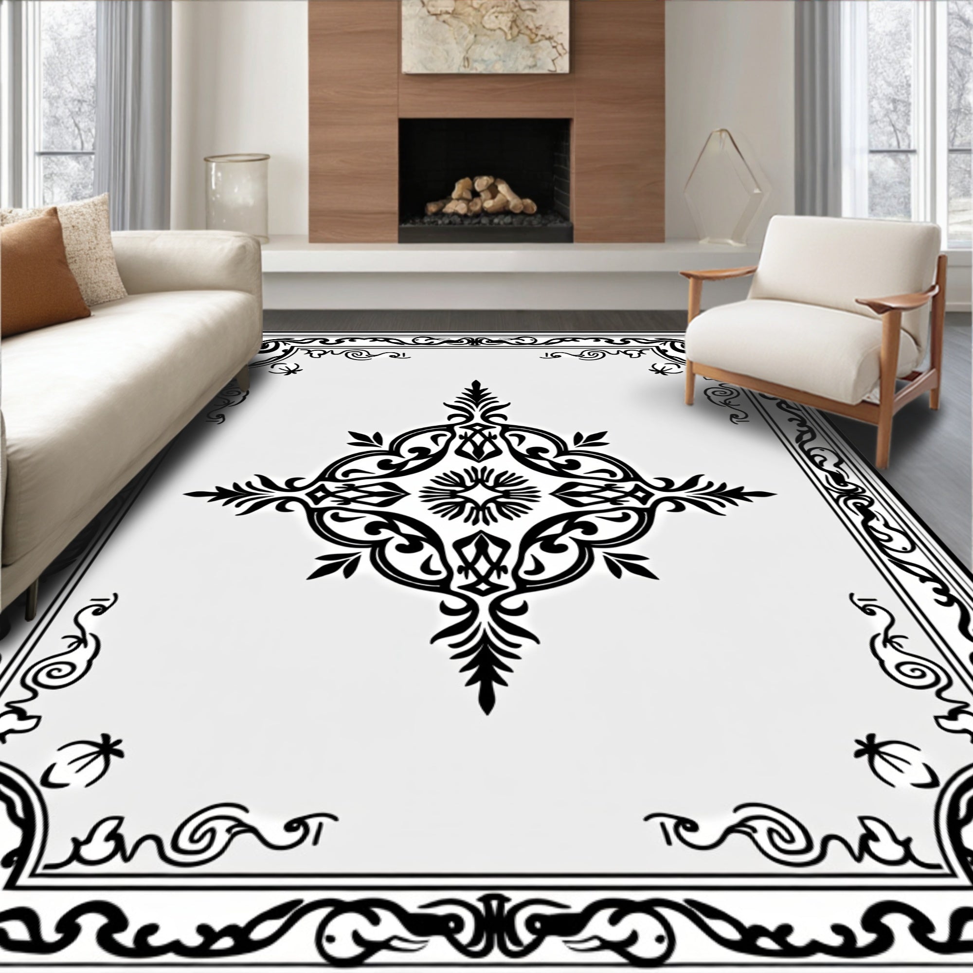 Black Ornate Floral Medallion Border Rug