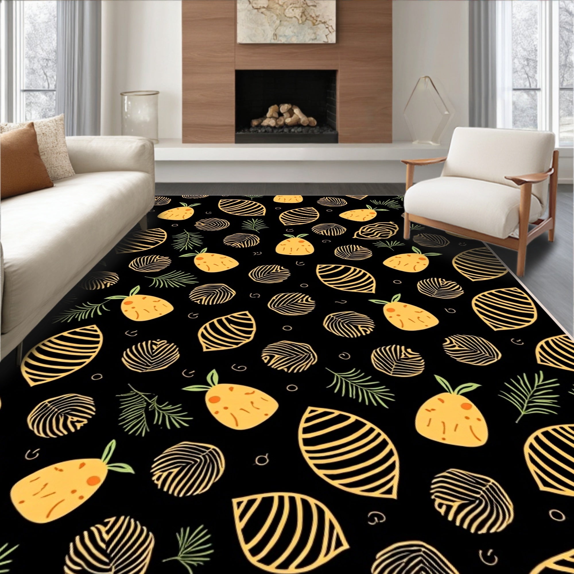 Whimsical Yellow Pineapple Tropical Leaves Rug