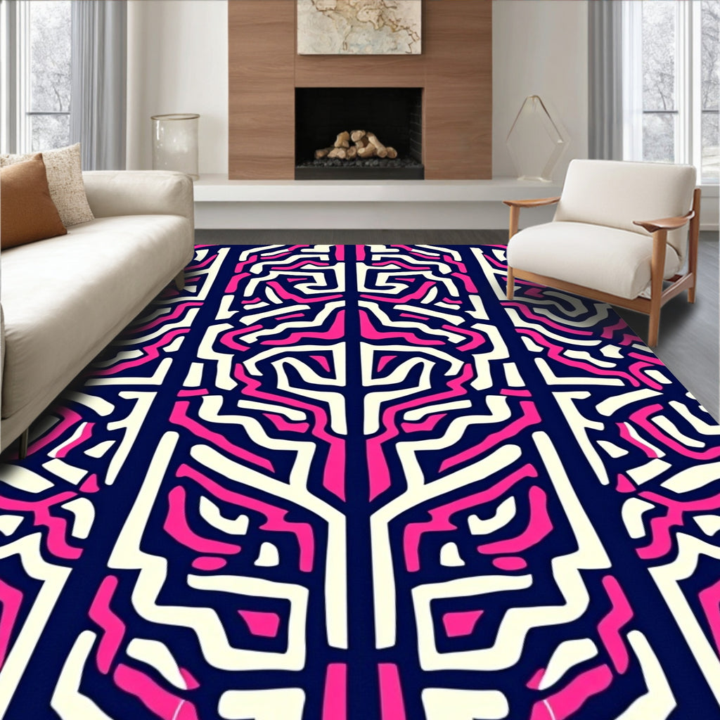Abstract Pink Labyrinth Cream Navy Rectangles Rug