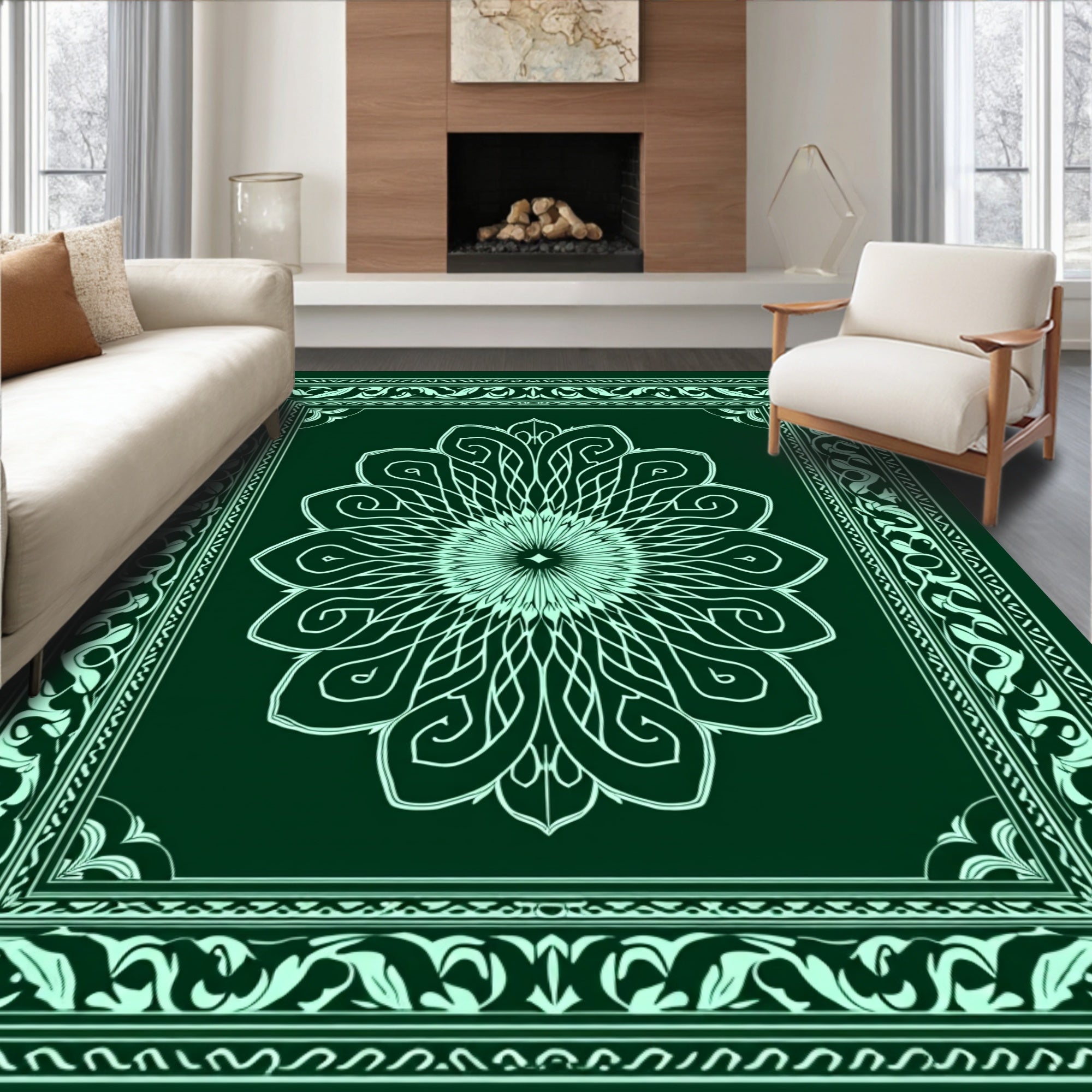 Emerald Teal Medallion Border Rug