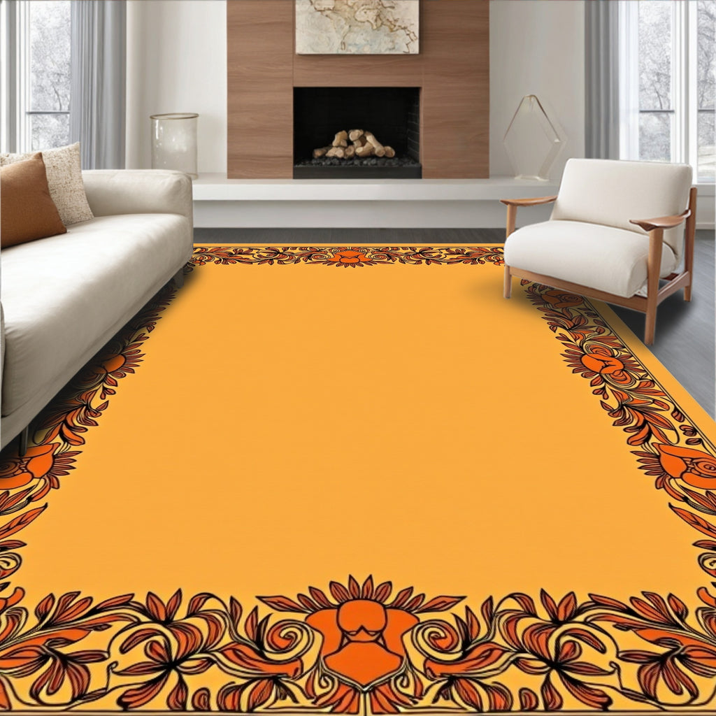 Orange Floral Vine Border Art Rug
