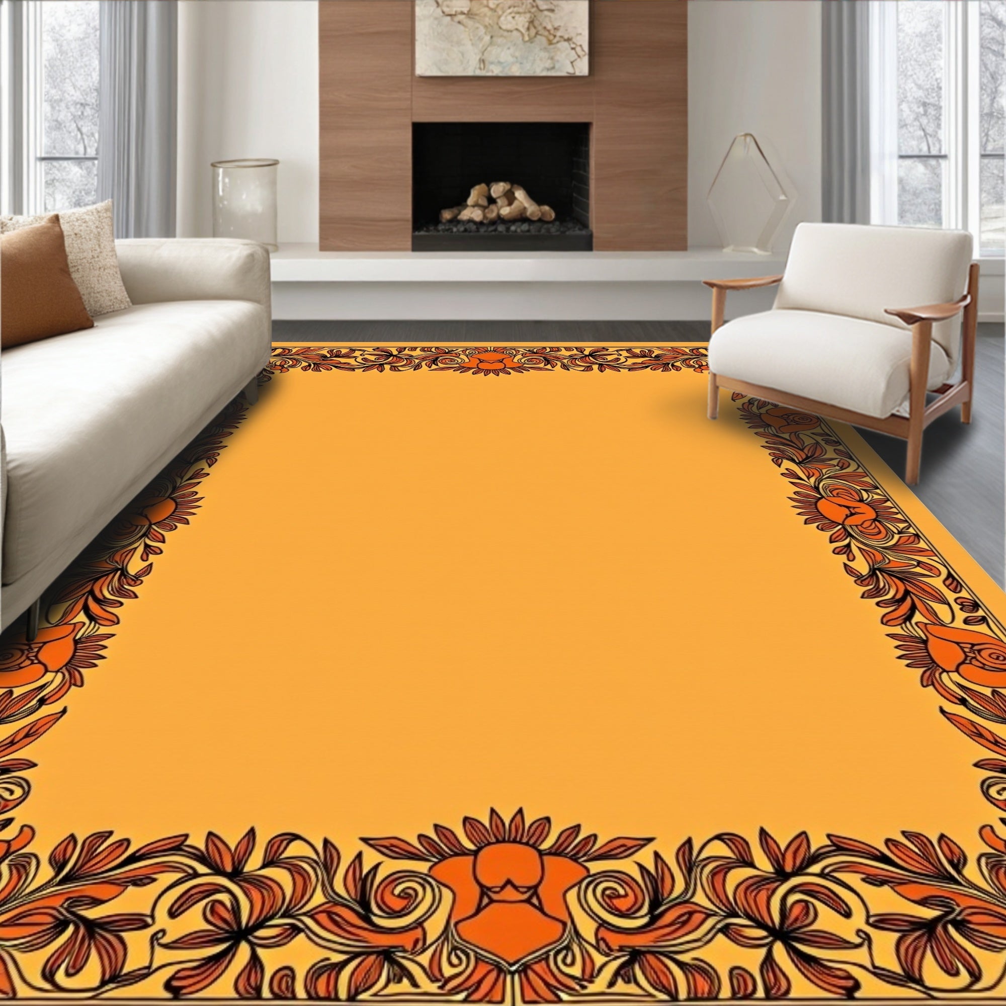 Orange Floral Vine Border Art Rug