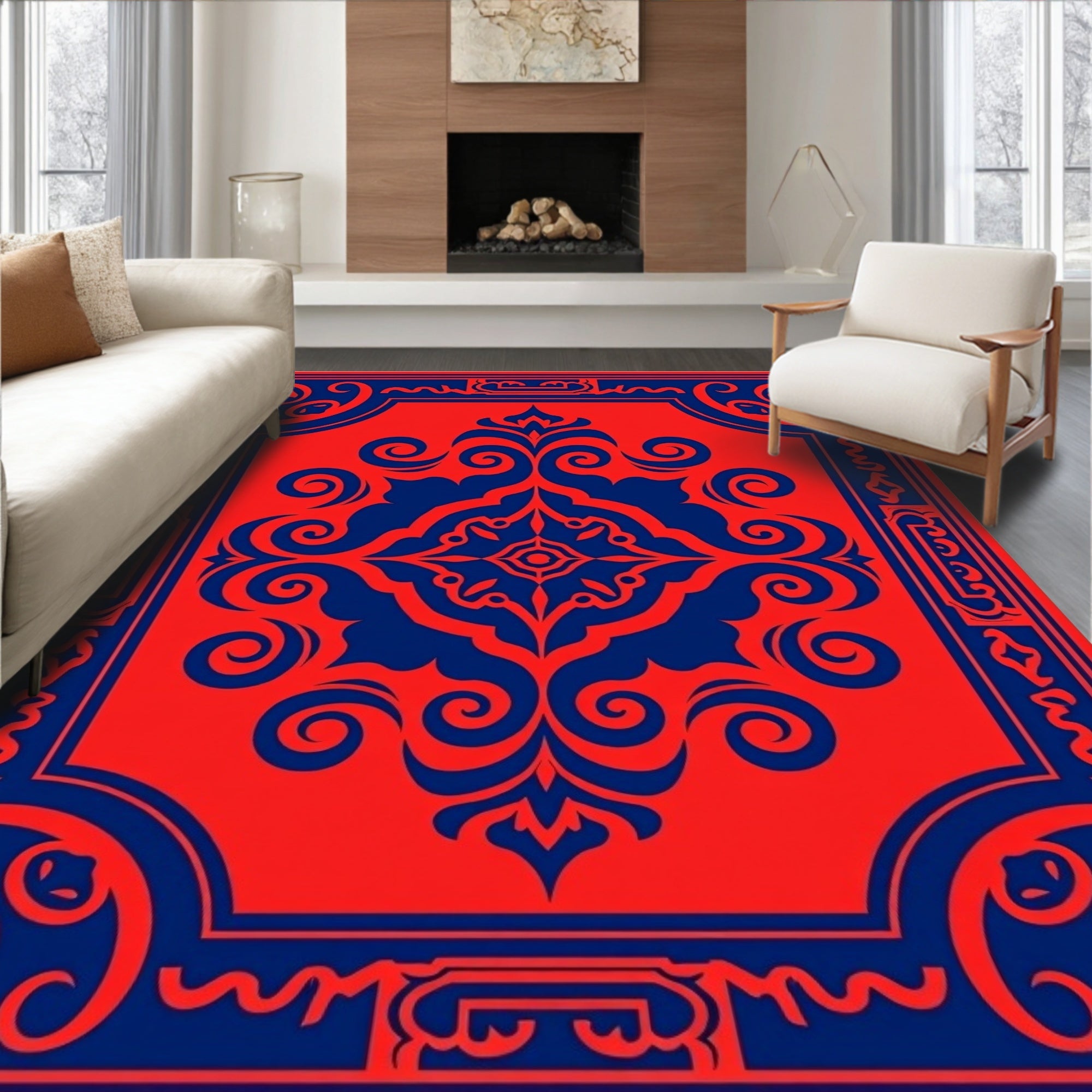 Crimson Navy Floral Medallion Border Rug