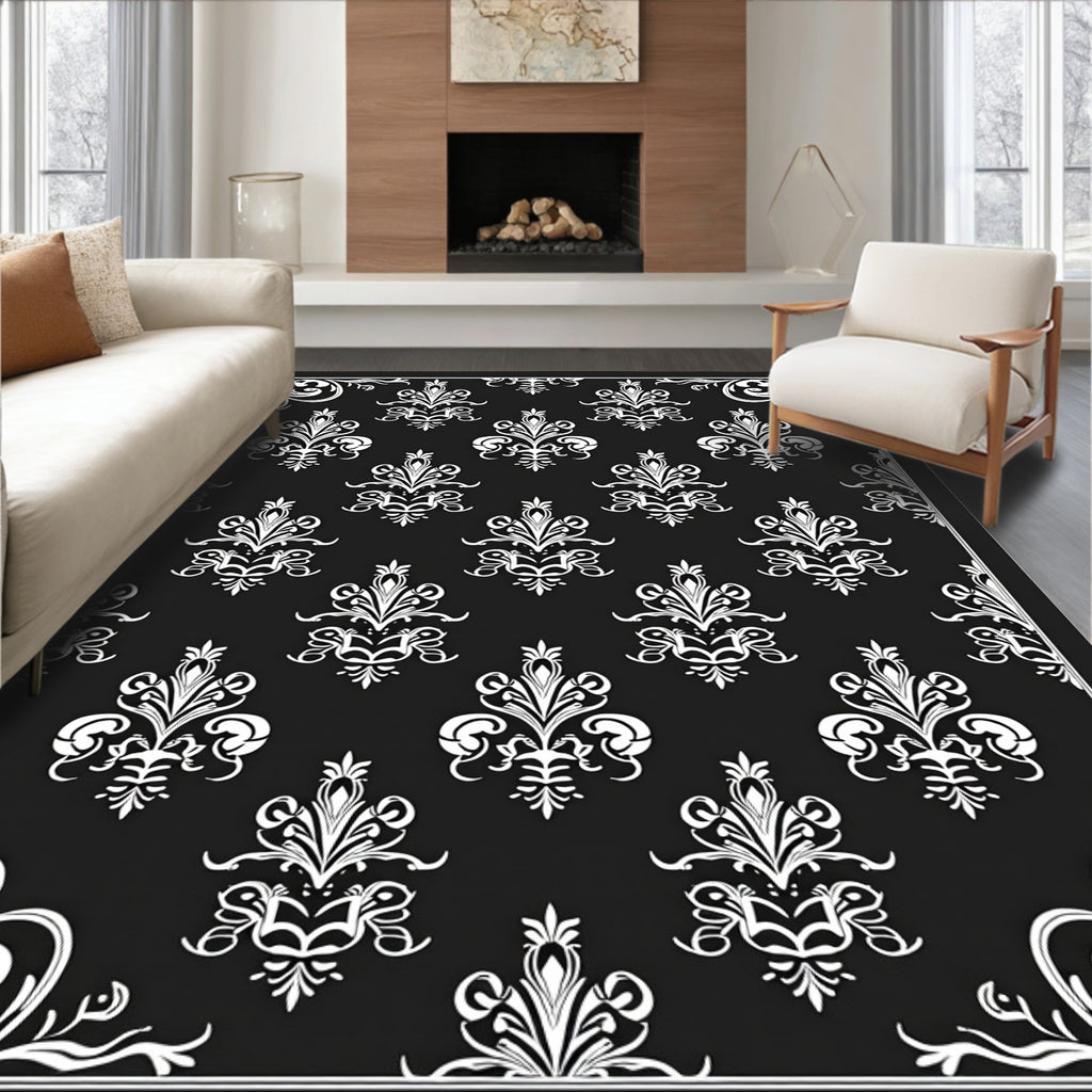 Classic Black White Damask Scroll Rug