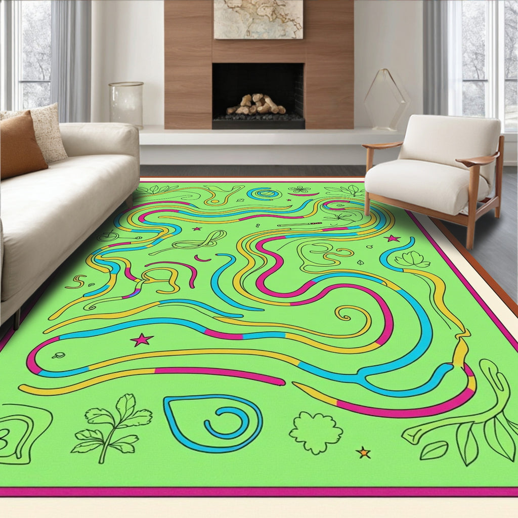 Whimsical Green Maze with Vibrant Swirls Rug