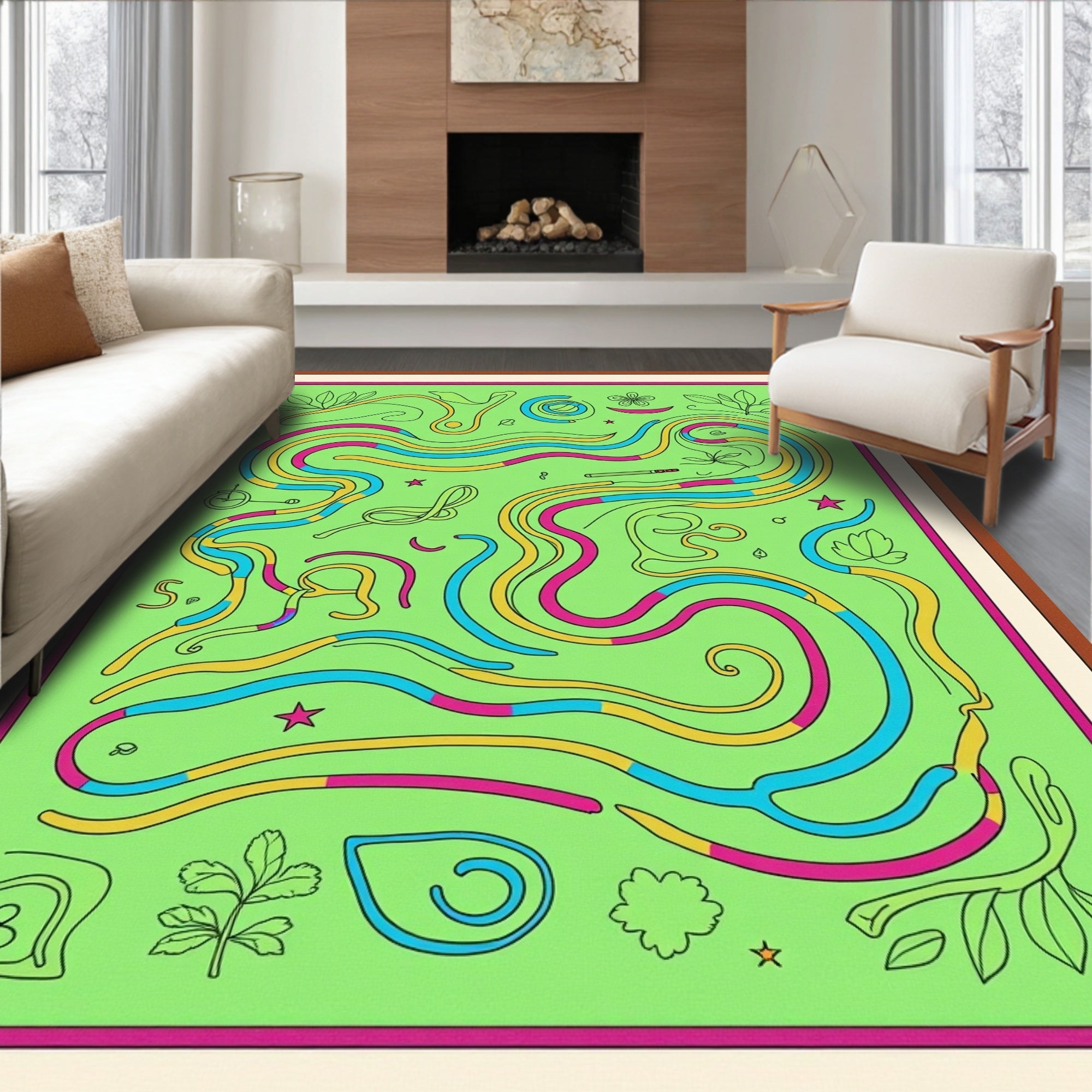 Whimsical Green Maze with Vibrant Swirls Rug