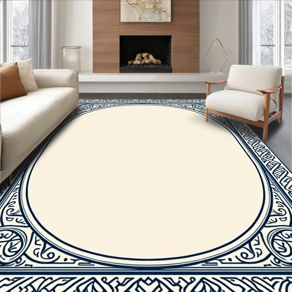 Classic Blue Ornate Oval Border Rug