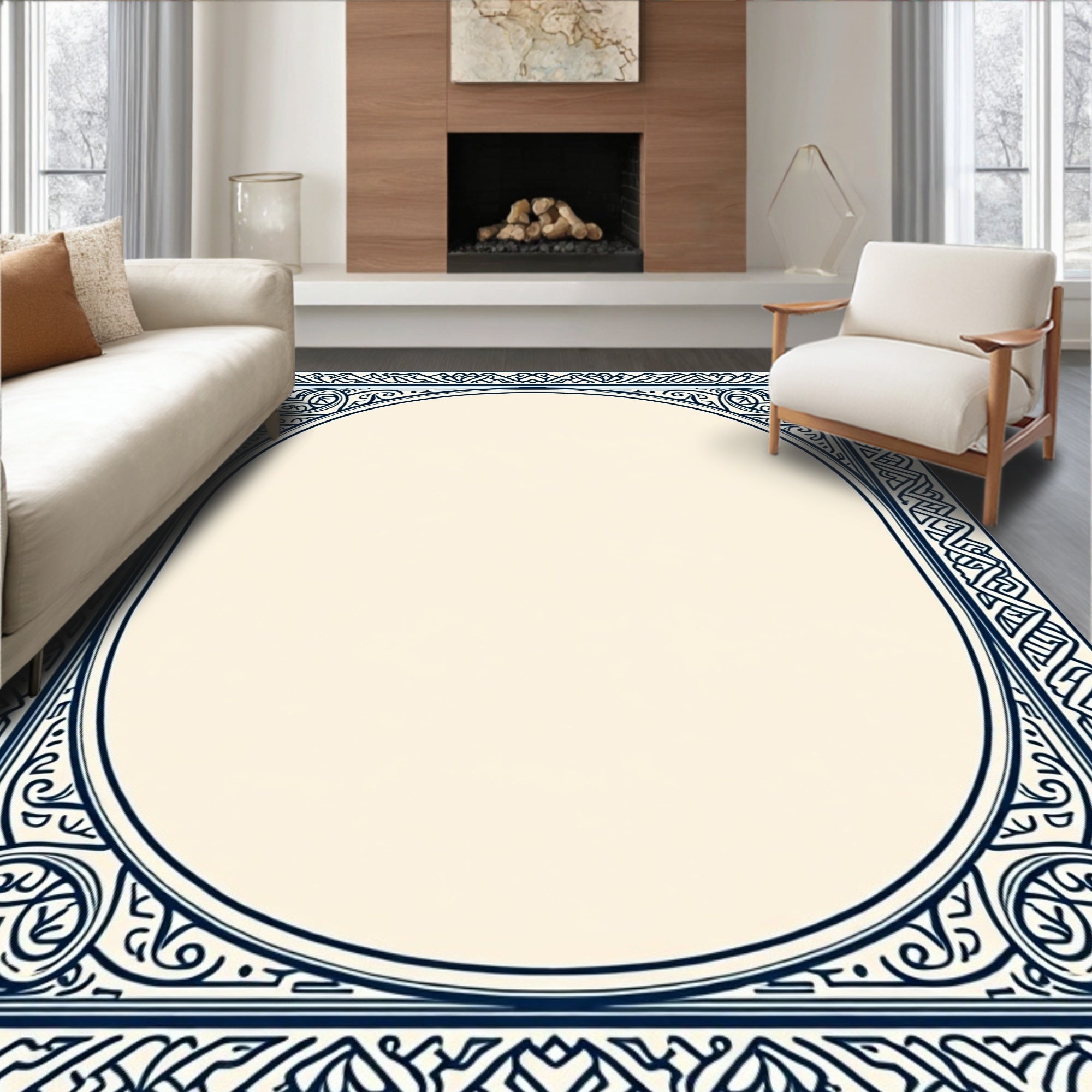Classic Blue Ornate Oval Border Rug