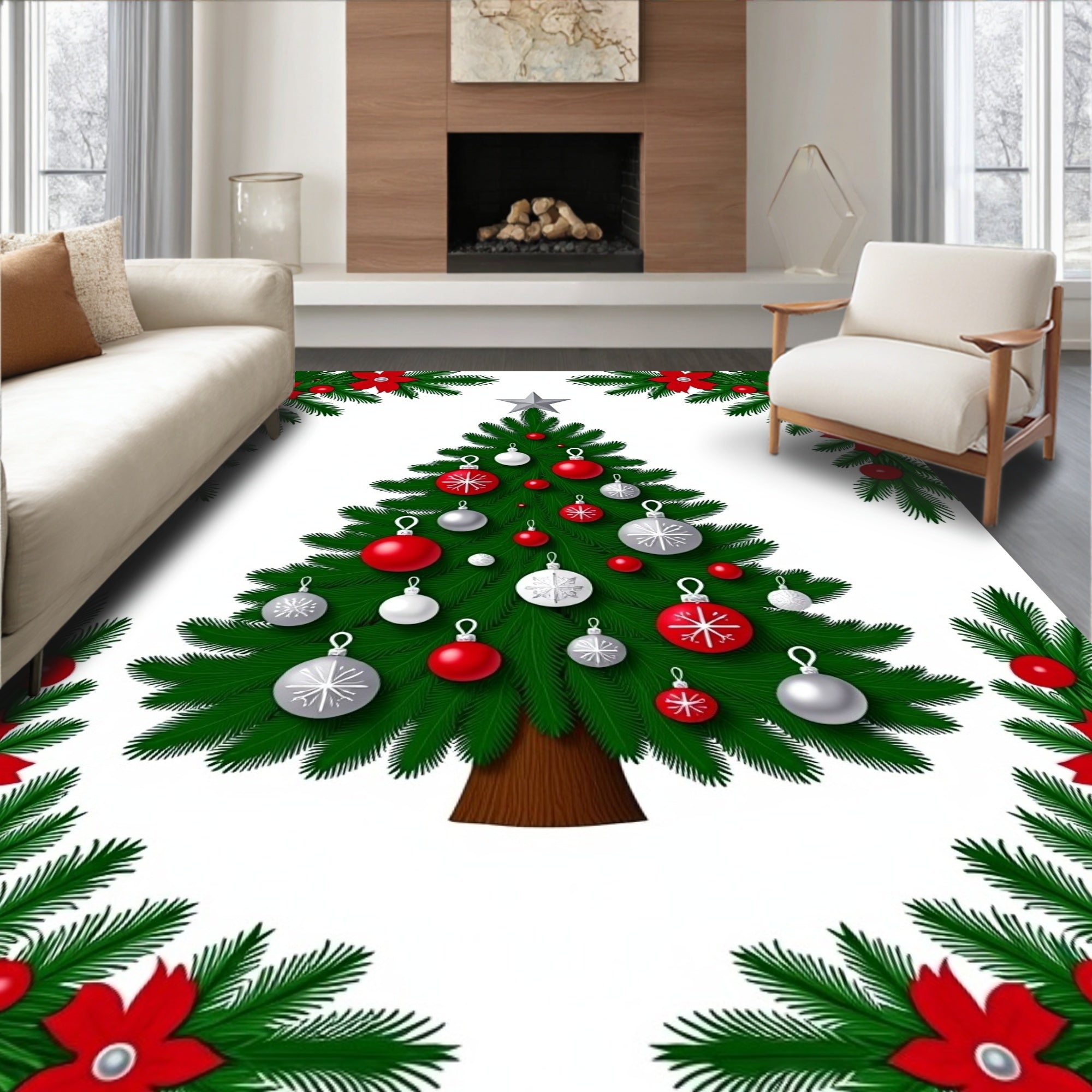Christmas Tree Red White Ornaments Garland Rug