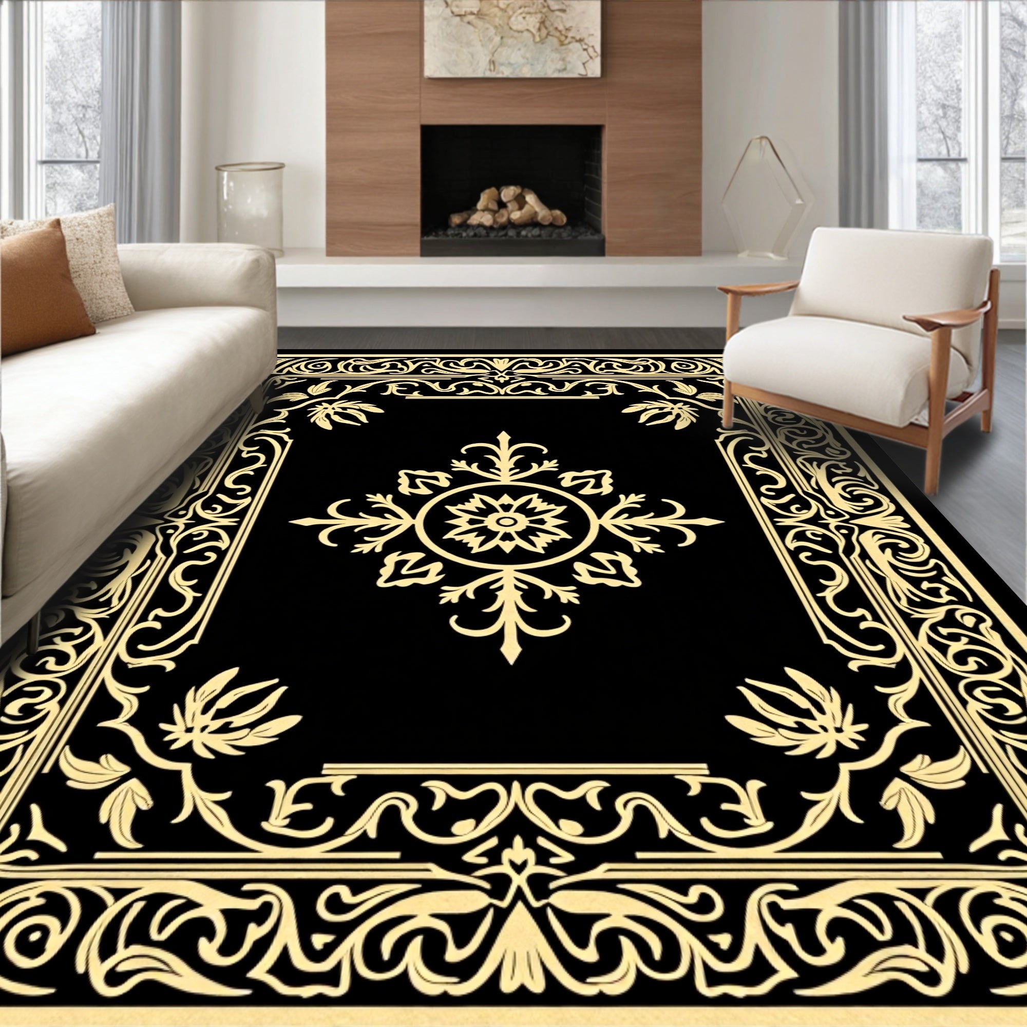 Ornate Yellow Floral Medallion Frame Rug