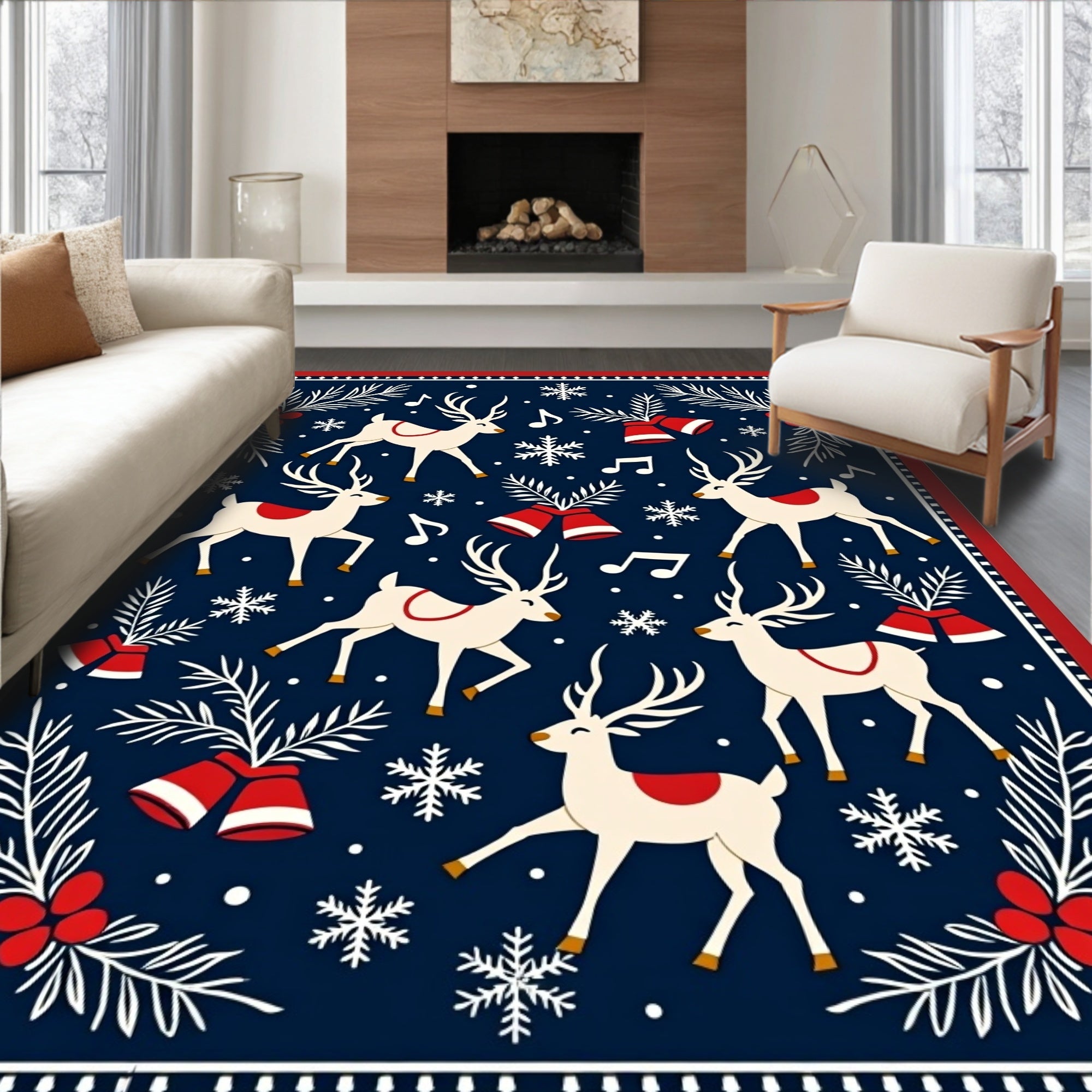 Festive Reindeer Snowflakes Bells Garland Rug