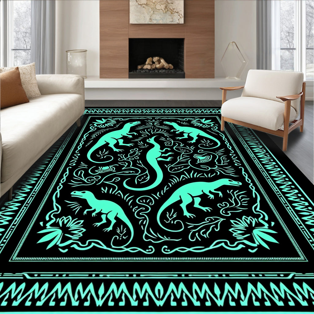 Aqua Dinosaurs Botanical Border Rug