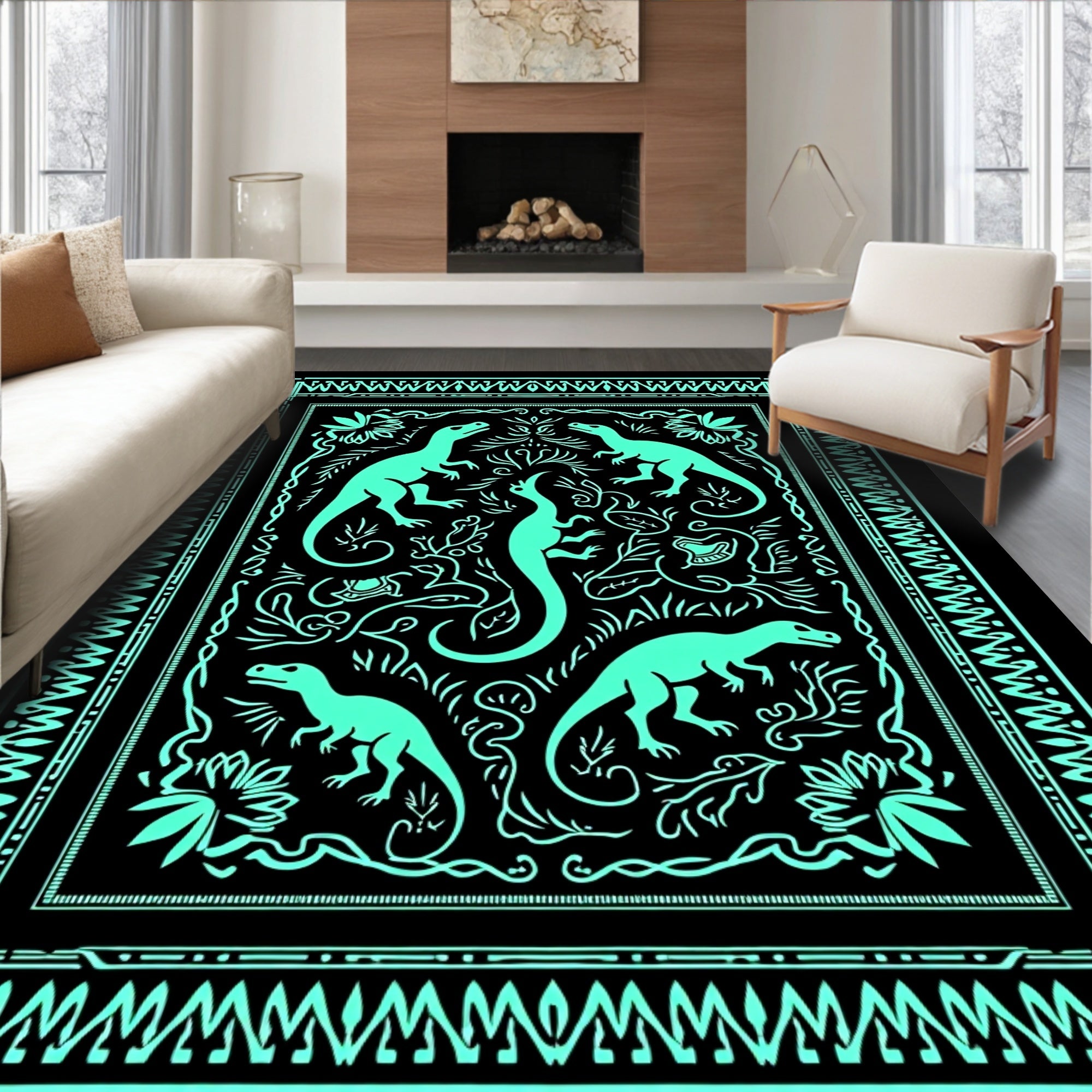 Aqua Dinosaurs Botanical Border Rug