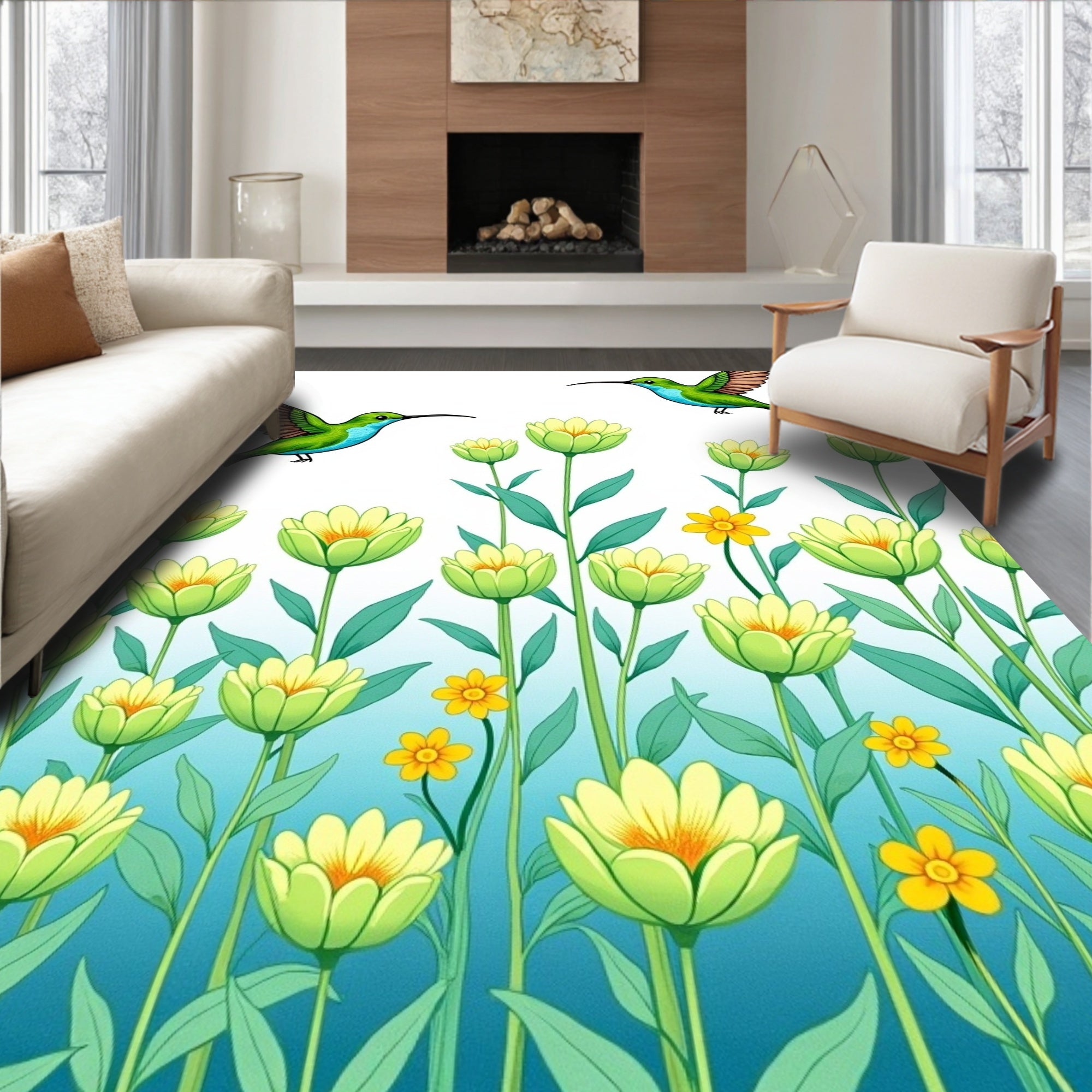 Green Hummingbirds Yellow Floral Garden Rug
