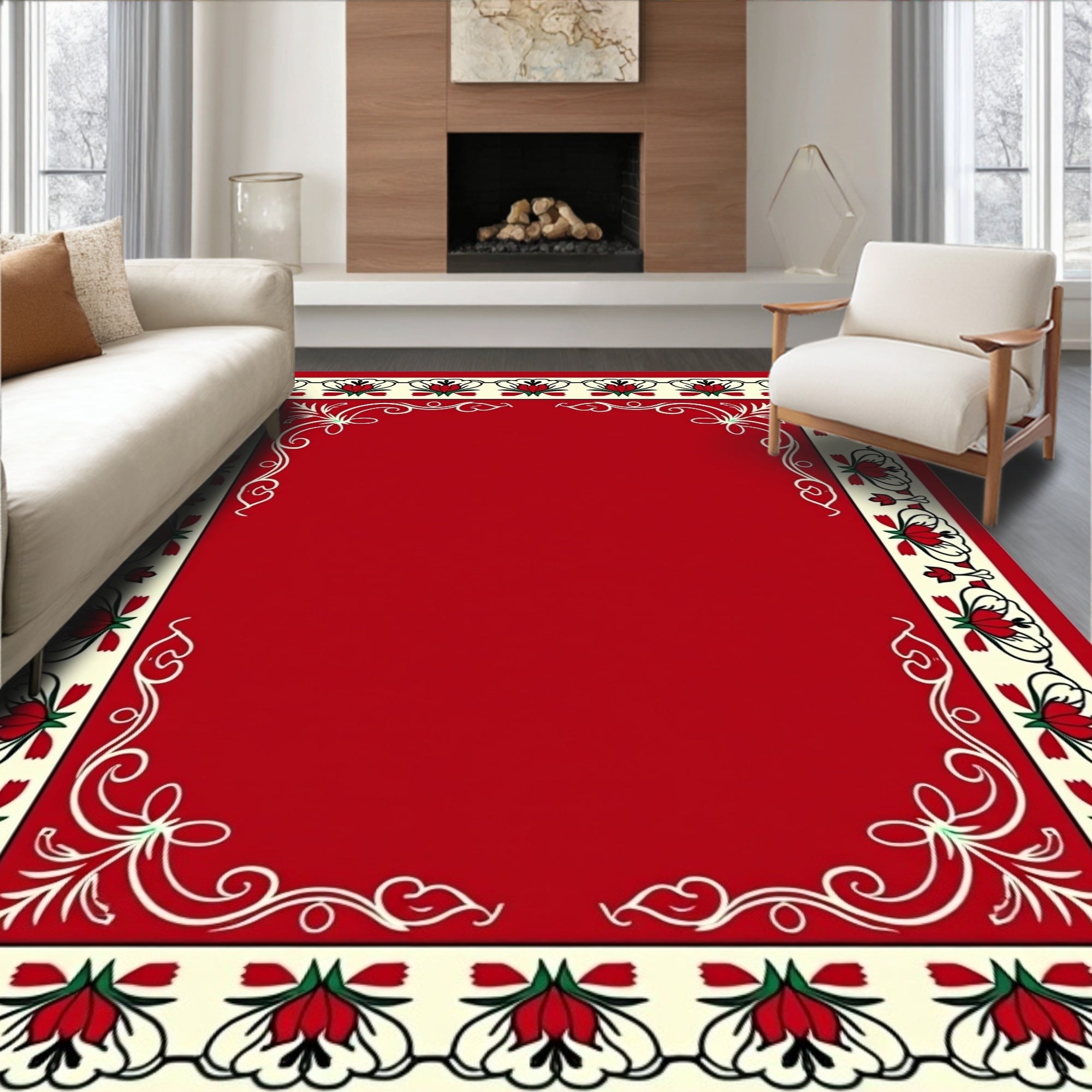 Crimson Ivory Floral Bordered Rug
