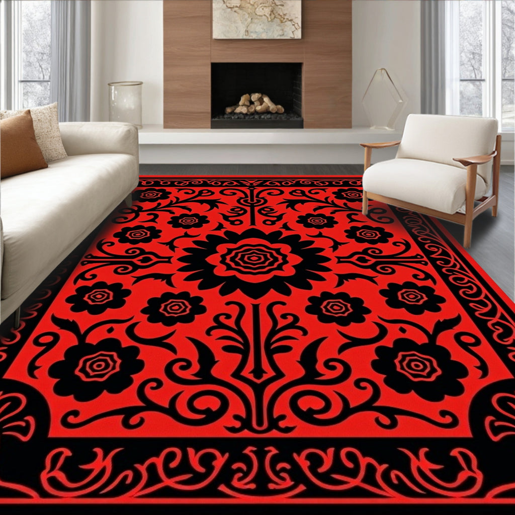Bold Floral Red Black Border Rug
