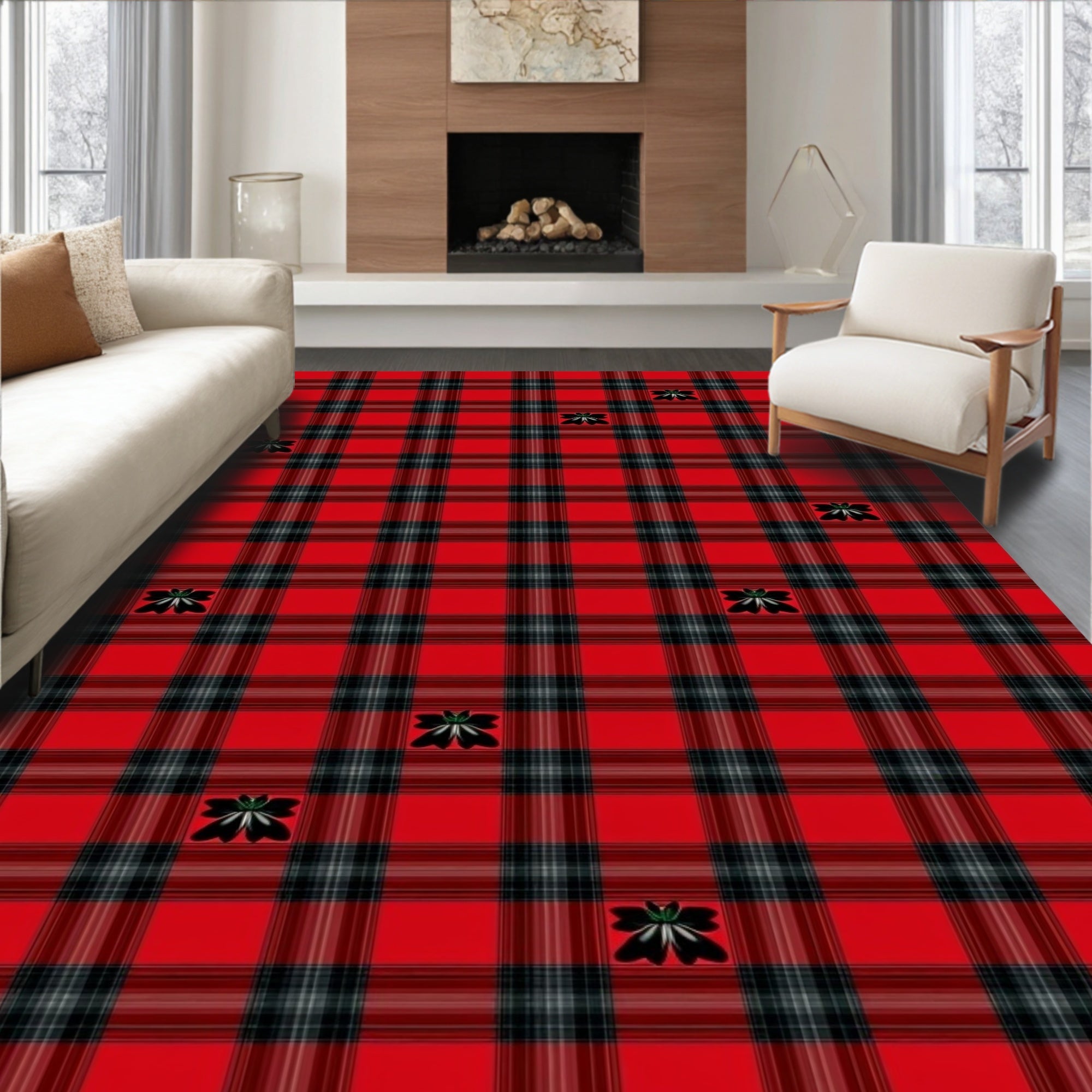 Classic Red Plaid Floral Scatter Rug