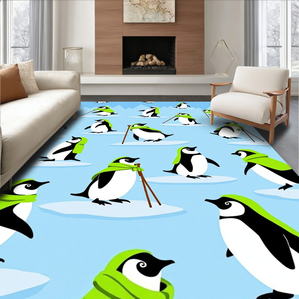 Whimsical Green Scarf Penguins on Ice Rug