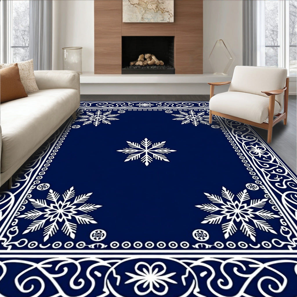 Navy White Snowflake Geometric Border Rug