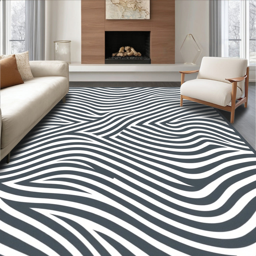 Modern Gray White Wavy Lines Rug