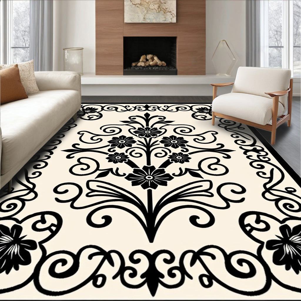 Black Ivory Floral Scrollwork Medallion Rug