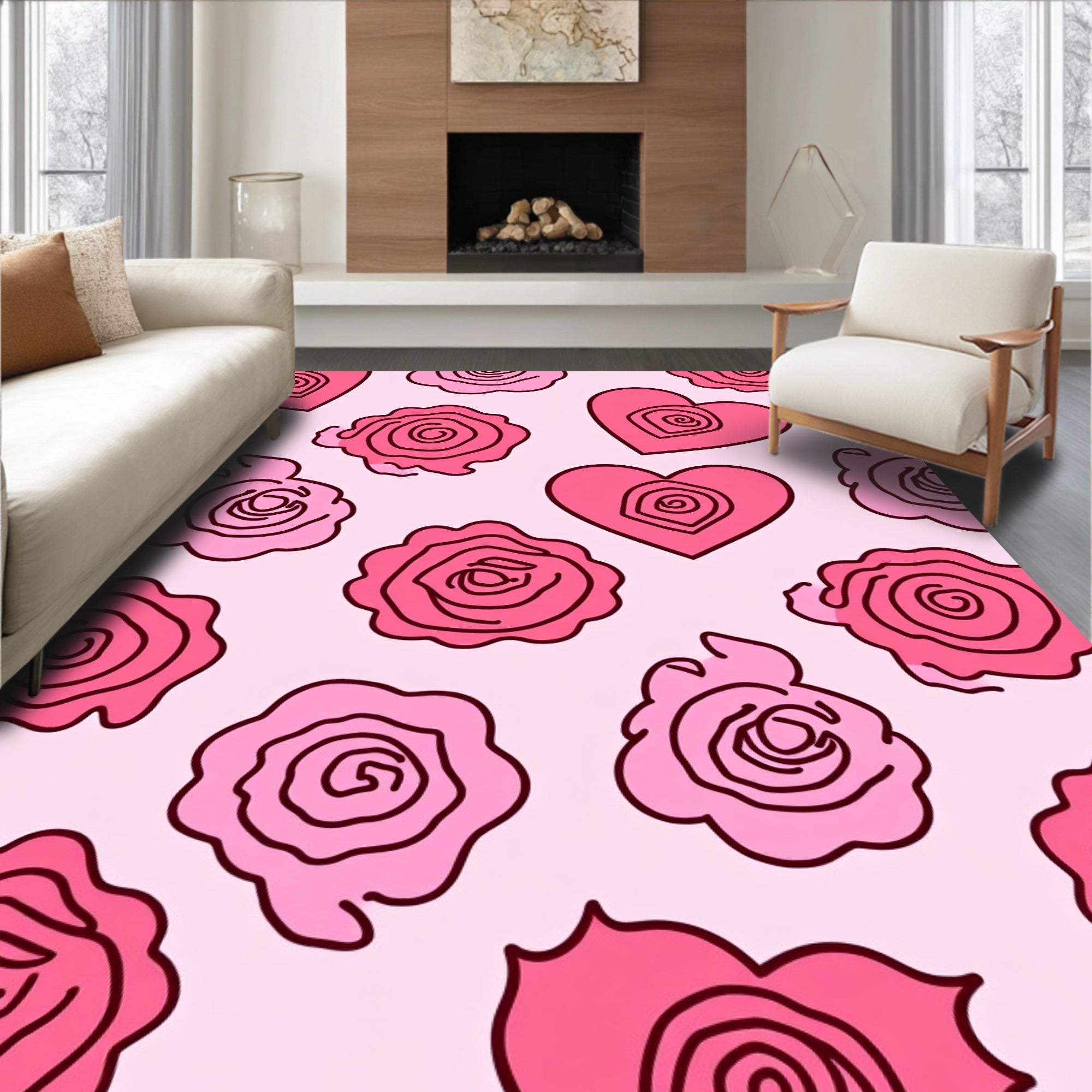Pink Hearts and Roses Garden Rug