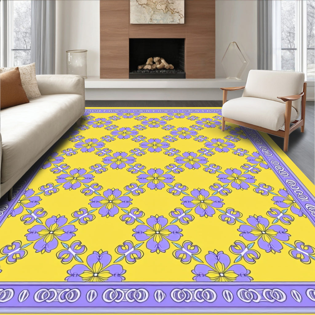 Purple Floral Lattice Yellow Rug