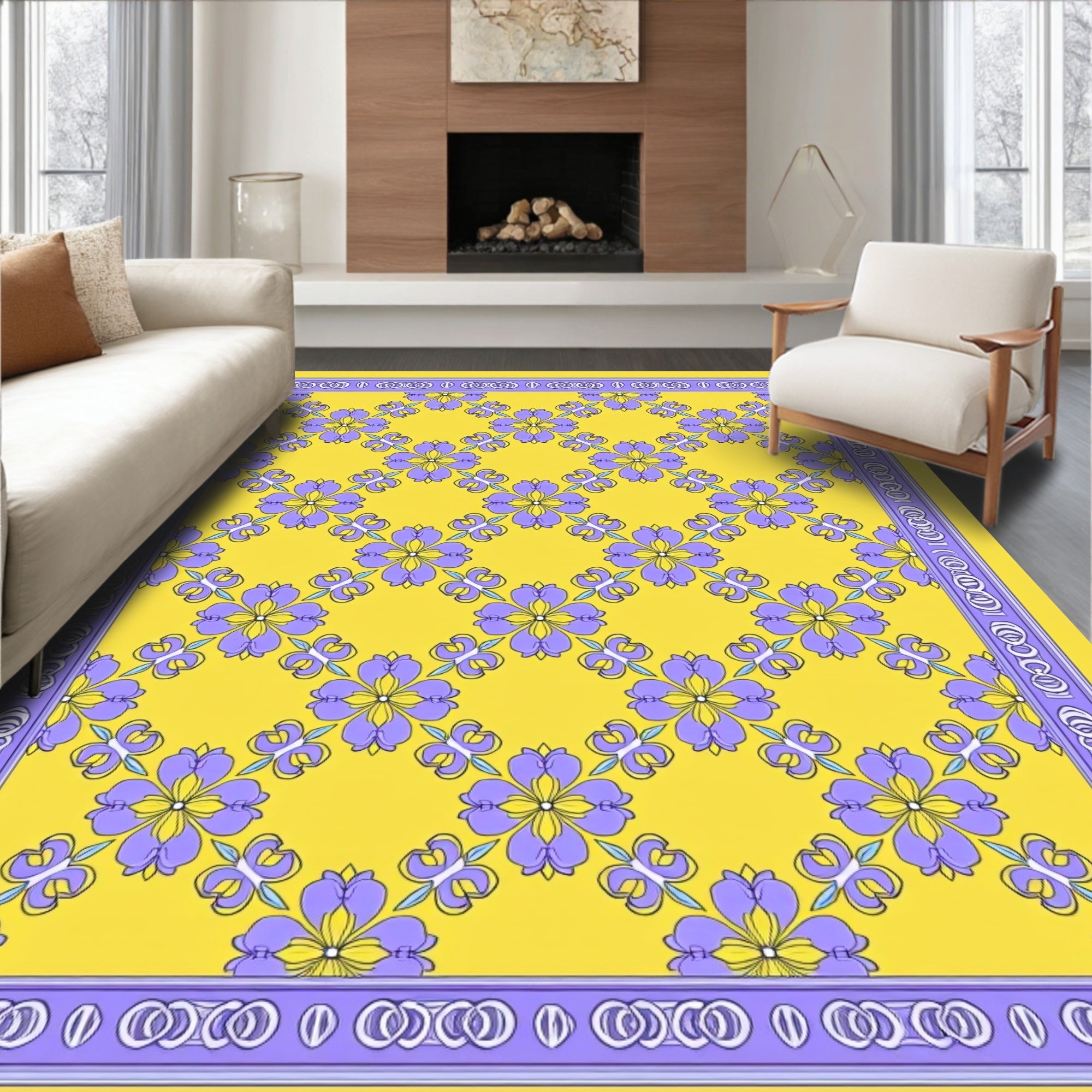 Purple Floral Lattice Yellow Rug