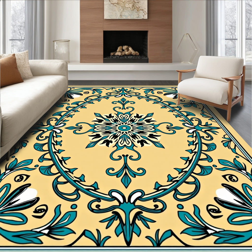 Golden Teal Floral Scroll Mandala Rug