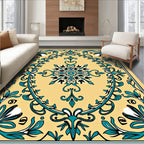 Golden Teal Floral Scroll Mandala Rug